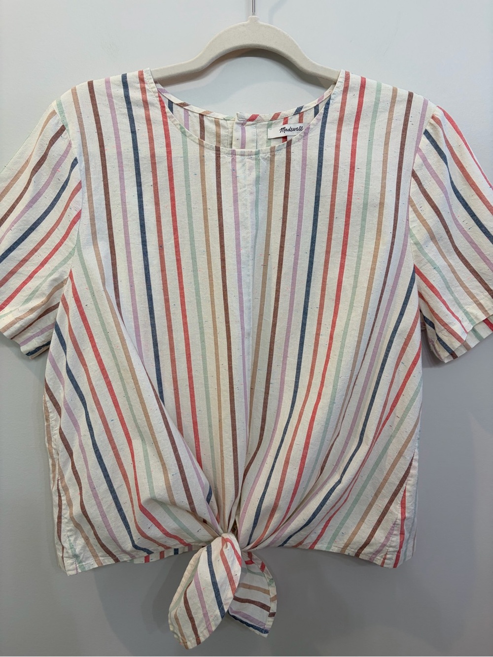 Madewell Tie Front Button Back Rainbow Striped Tee Shirt Size L Boxy Cotton